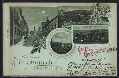 Mondschein-Lithographie Grieskirchen, Stadtplatz, St. Georgen und Schloss Parz