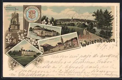 Lithographie Waizenkirchen, Schloss Weidenholz, Marktplatz, Ortsansicht