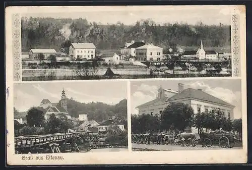 AK Ostermiething, Gruss aus Ettenau, Gebäudeansicht, Brückenpartie mit Blick zur Kirche, Ortsansicht