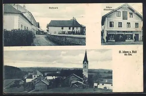 AK St. Johann a. Wald, Eders Handlung, Hofmark, Totalansicht mit Kirche