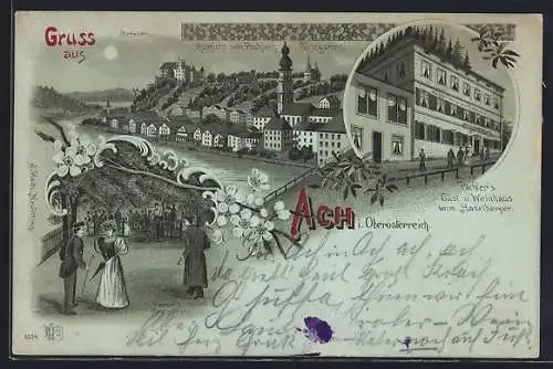 Mondschein-Lithographie Ach, Pachler`s Gasthaus vorm Haselberger und Uferpartie mit Mariaberg