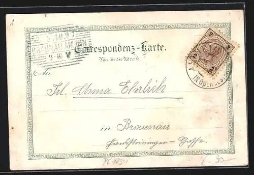 Lithographie Altheim, Strassenpartie mit Volksschule, Marktplatz, Ortsansicht