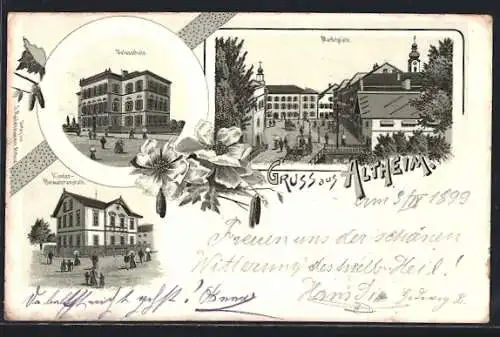 Lithographie Altheim, Volksschule, Kinder-Bewahranstalt, Marktplatz