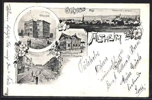 Lithographie Altheim, Volksschule, Marktplatz und Kaiser Franz Josef-Jubiläums Kindergarten