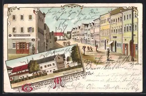 Lithographie Mauerkirchen, Gasthaus Kainz, Strassenansicht mit Gasthaus und Passanten