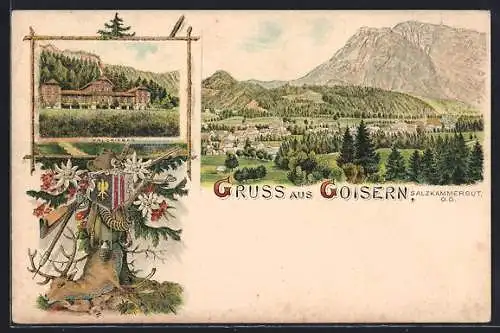 Lithographie Goisern /Salzkammergut, Hotel Valeriebad, Ortsansicht