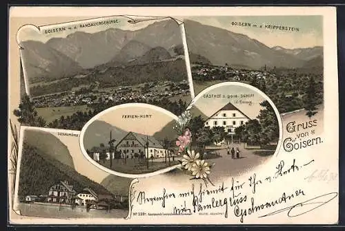 Lithographie Goisern, Gosaumühle, Ortsansicht mit Krippenstein, Gasthof zum goldenen Schiff in Steeg