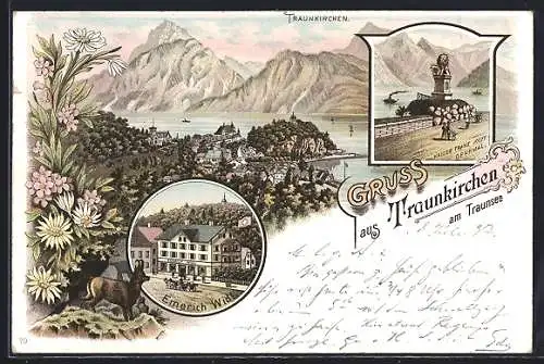 Lithographie Traunkirchen, Kaiser Franz Josef Denkmal, Emerich Widl