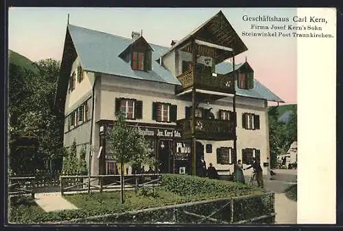 Goldfenster-AK Steinwinkel, Geschäftshaus Carl Kern mit leuchtenden Fenstern