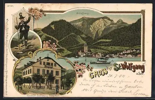 Lithographie St. Wolfgang, Ortsansicht mit Schafberg, Gasthaus Erzherzog Franz Karl