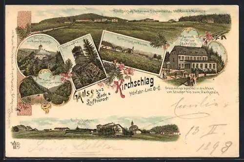 Lithographie Kirchschlag bei Linz, Hotel & Badehaus Zauner, Giselawarte, Ortsansicht