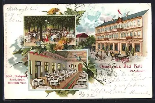 Lithographie Bad Hall /Ob.-Oesterr., Hotel Budapest mit Innenansicht und Gartenwirtschaft