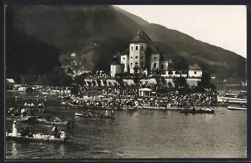 AK Traunkirchen, Frohnleichnamprozession, Ruderboote auf dem Wasser