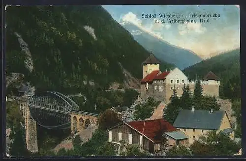 AK Tobadill /Tirol, Schloss Wiesberg u. Trisanabrücke a. d. Arlbergbahn