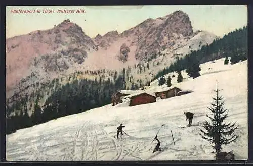 AK Mutterer Alm, Skifahrer bei der Abfahrt, einer stürzt