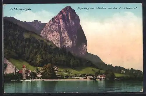 AK Plomberg am Mondsee, Salzkammergut, Teilansicht mit der Drachenwand