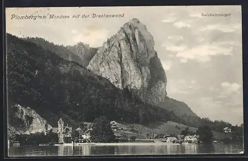 AK Plomberg am Mondsee, Ortsansicht mit der Drachenwand