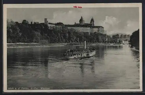 AK Melk a. d. Donau, Dampfer mit-Fahne auf der Donau, Wachau