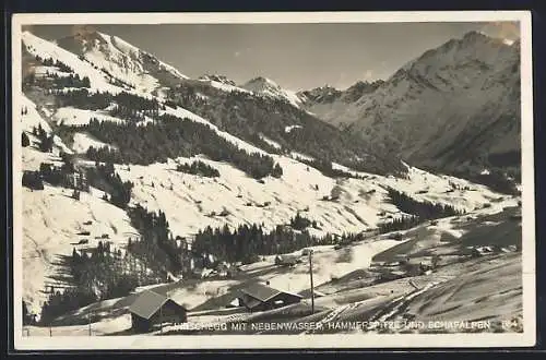 AK Hirschegg, Ortsansicht mit Nebenwasser, Hammerspitze und Schafalpen