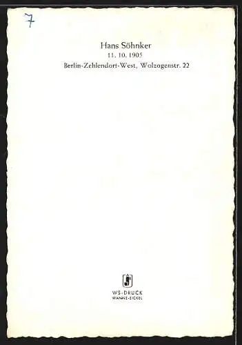 AK Schauspieler Hans Söhnker mit einem leichten Lächeln
