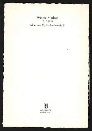 AK Schauspielerin Winnie Markus lächelnd porträtiert