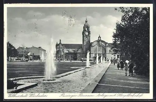 AK Wiesbaden, Reisingen-Brunnen-Anlage mit Hauptbahnhof