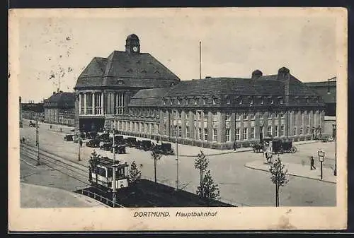 AK Dortmund, Hauptbahnhof mit Strassenbahn und Kutschen