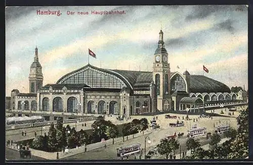 AK Hamburg-St.Georg, Strassenbahnen vor dem Hauptbahnhof, Pferdekutsche