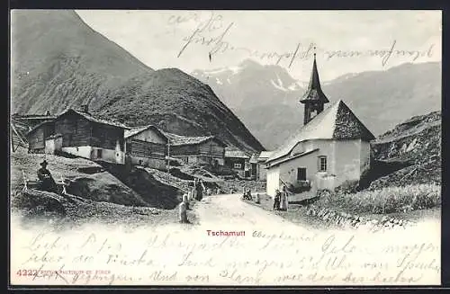 AK Tschamutt, Strassenpartie mit Kirche