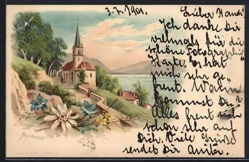 Lithographie Montreux /Lac Leman, Panorama mit Kirche