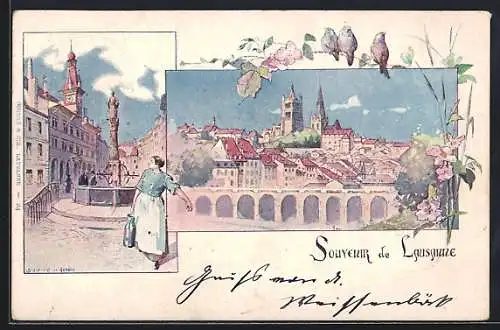 Lithographie Lausanne, Teilansicht, Frau am Brunnen