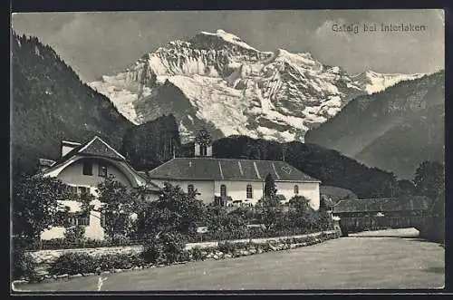 AK Gsteig, Partie im Ort, Berge im Hintergrund