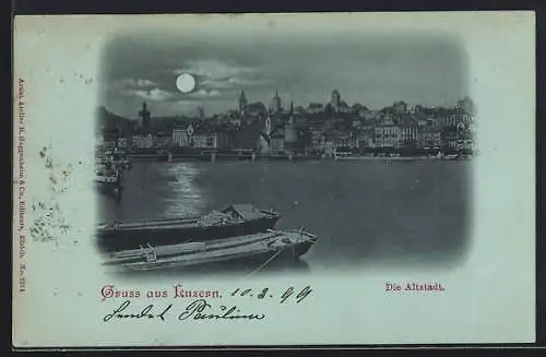 Mondschein-AK Luzern, Blick auf die Altstadt