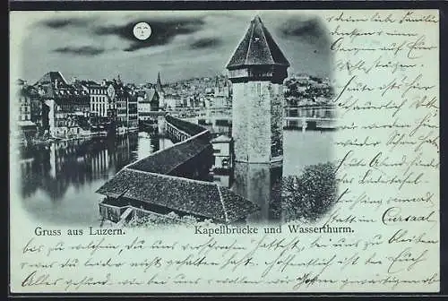 Mondschein-AK Luzern, Kapellbrücke und Wasserthurm