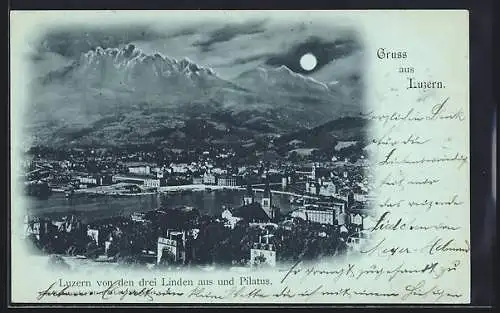 Mondschein-AK Luzern, Blick von den drei Linden aus über die Stadt zum Pilatus