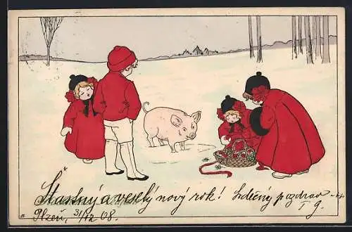 AK Mädchen mit einem Schwein im Schnee