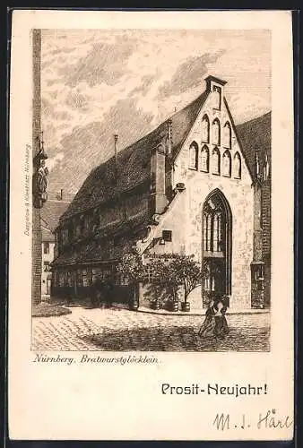 Künstler-AK Nürnberg, Gasthof Bratwurstglöcklein, Neujahrsgruss