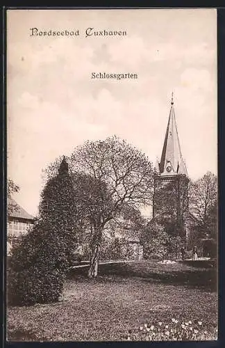 AK Cuxhaven, Nordseebad, Schlossgarten mit Kirche