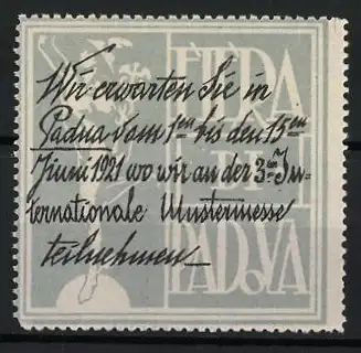 Reklamemarke Padua, Internationale Mustermesse 1921, Einladungsschriftzug