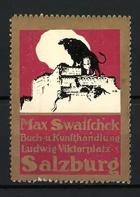 Reklamemarke Salzburg, Max Swatschek Buchhandlung, Stier auf Festung