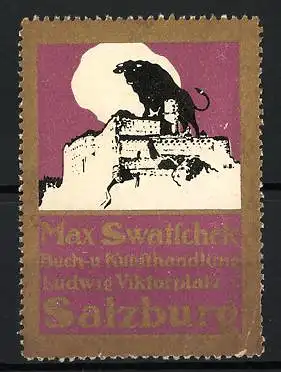 Reklamemarke Salzburg, Max Swatschek Buch- u. Kunsthandlung, Festung mit Stier