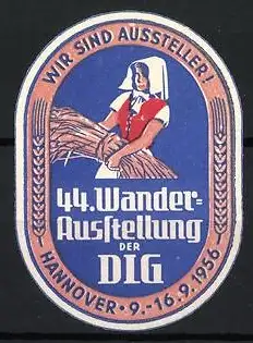 Reklamemarke Hannover, 44. Wander-Ausstellung der DLG 1956, Frau mit Getreidebündel