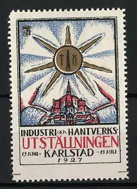 Reklamemarke Karlstad, Industri och Hantverksutställningen 1927, Sonne über Stadtansicht