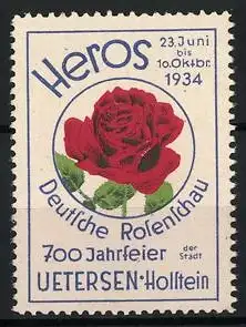 Reklamemarke Uetersen, Heros Deutsche Rosenschau 1934, rote Rose