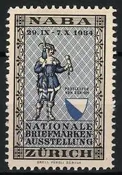 Reklamemarke Zürich, Nationale Briefmarken-Ausstellung 1934, Trommelschläger mit Wappen