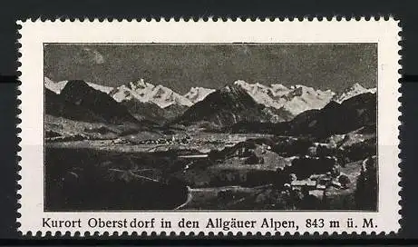 Reklamemarke Oberstdorf, Kurort in den Allgäuer Alpen, Bergpanorama