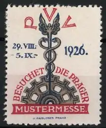 Reklamemarke Prag, Besuchet die Prager Mustermesse 1926, Zahnrad und Hermesstab