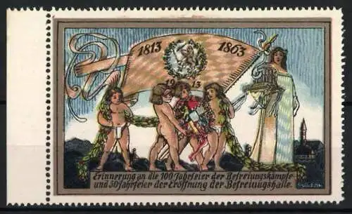 Reklamemarke Kelheim, Erinnerung an 100 Jahrfeier der Befreiungskämpfe, Kinder mit Girlanden und Fahne 1813-1863