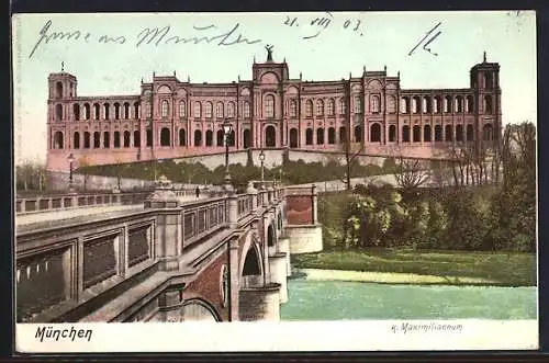 AK München, K. Maximilianeum, Flusspartie mit Brücke