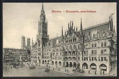 AK München, Marienplatz mit Springbrunnen, Neues Rathaus